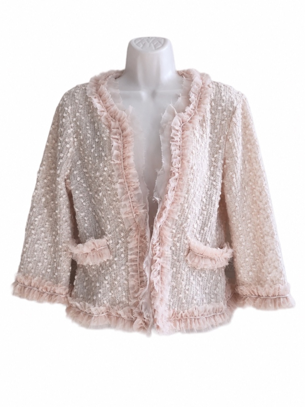A'reve Boucle Tweed Ruffle Trim Hook Front Jacket Cream Textured Dressy‎ L